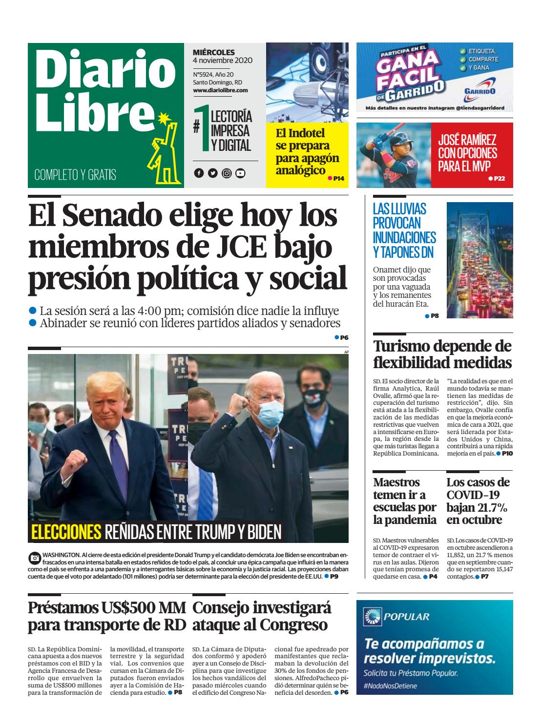 Portada Periódico Diario Libre, Miércoles 04 de Noviembre, 2020