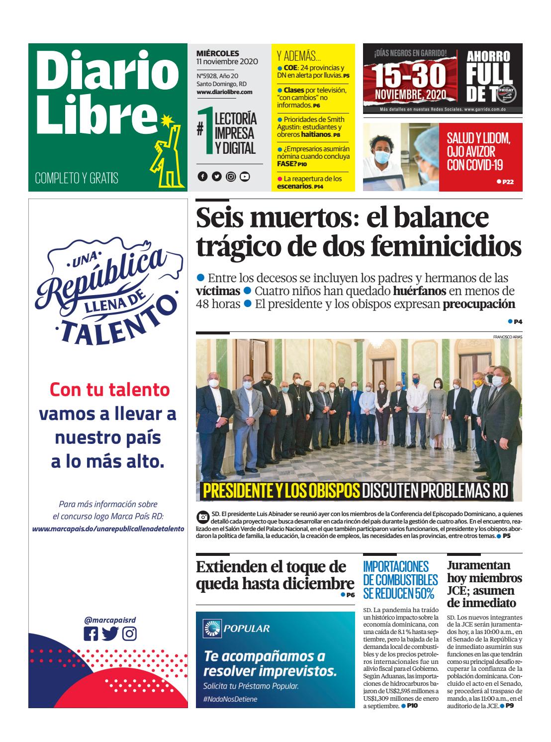 Portada Periódico Diario Libre, Miércoles 11 de Noviembre, 2020