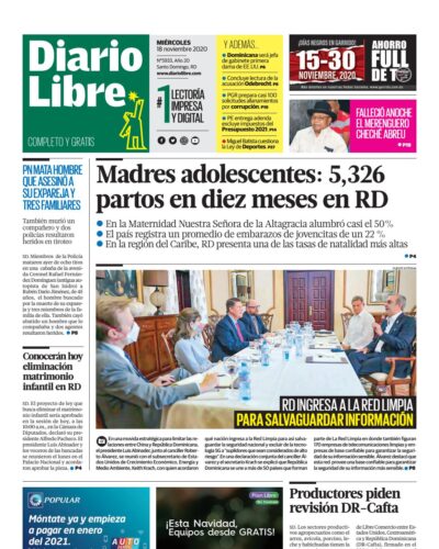 Portada Periódico Diario Libre, Miércoles 18 de Noviembre, 2020