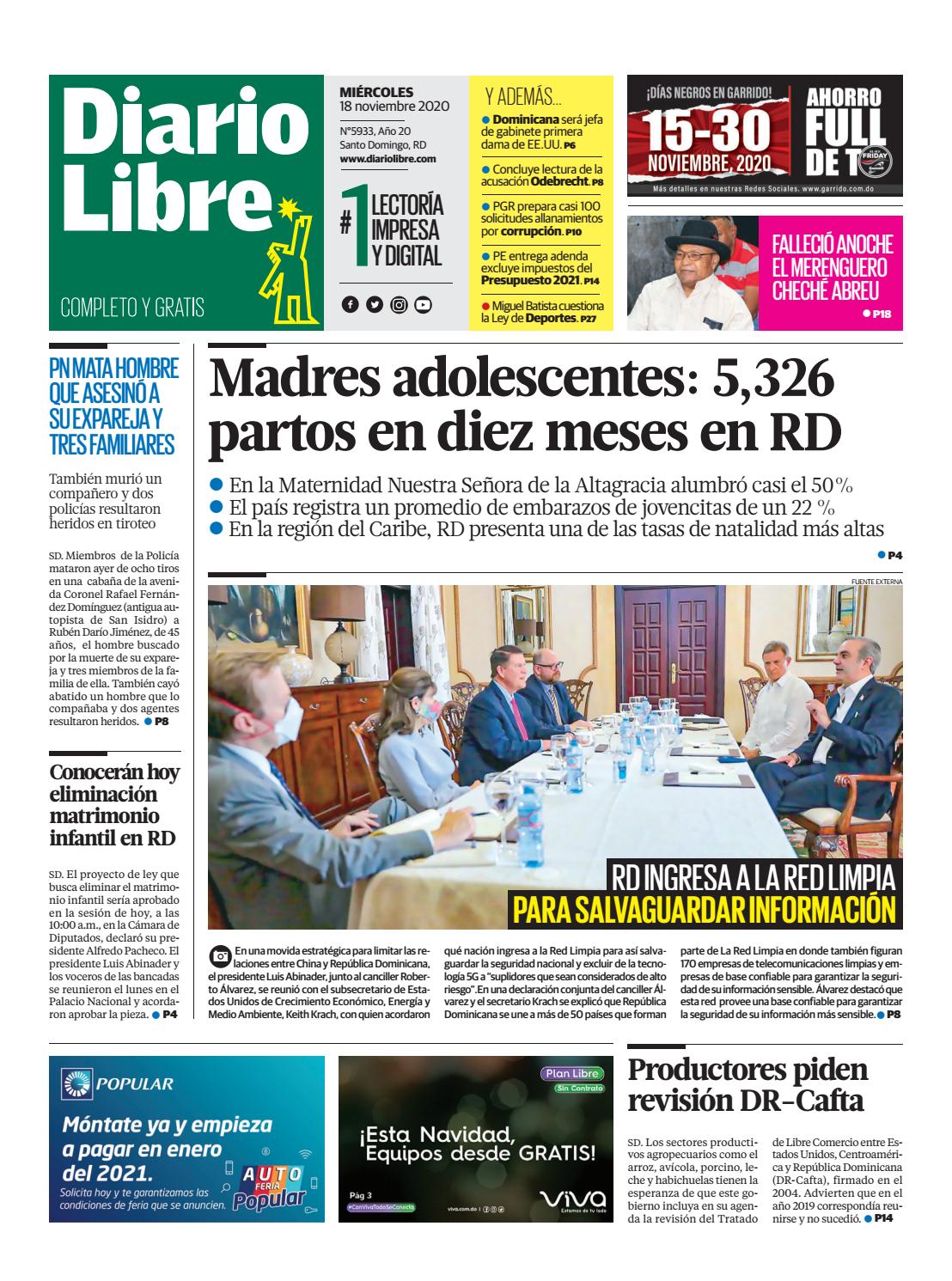 Portada Periódico Diario Libre, Miércoles 18 de Noviembre, 2020