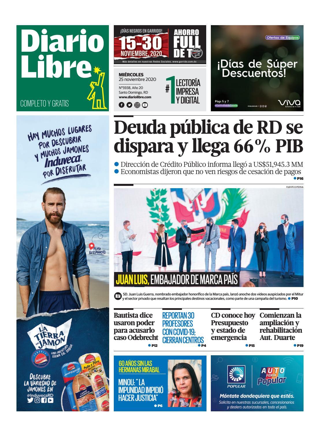 Portada Periódico Diario Libre, Miércoles 25 de Noviembre, 2020
