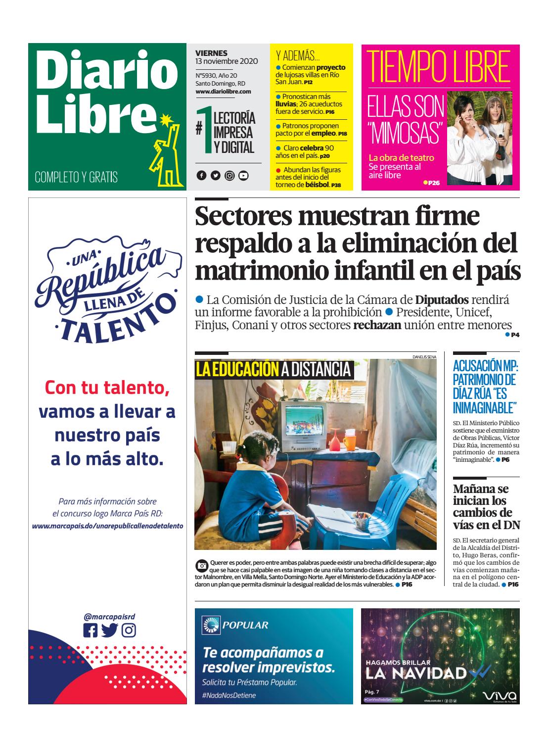 Portada Periódico Diario Libre, Viernes 13 de Noviembre, 2020