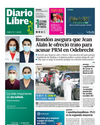 Portada Periódico Diario Libre, Viernes 20 de Noviembre, 2020