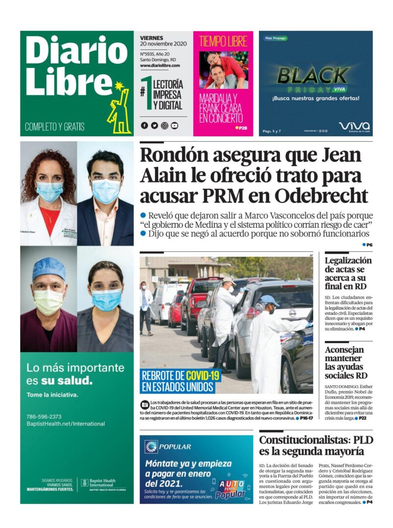 Portada Periódico Diario Libre, Viernes 20 de Noviembre, 2020