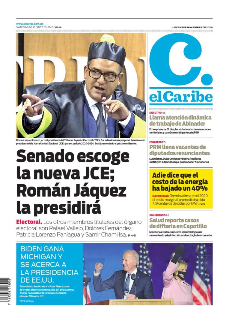 Portada Periódico El Caribe, Jueves 05 de Noviembre, 2020