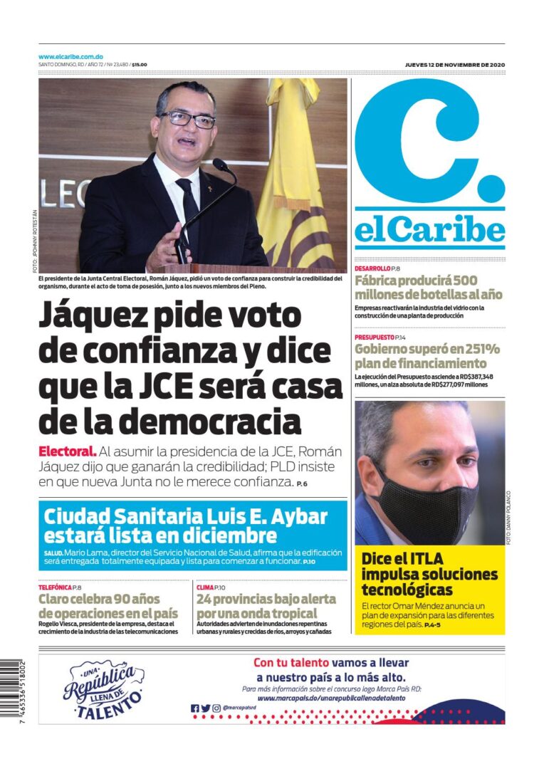 Portada Periódico El Caribe, Jueves 12 de Noviembre, 2020