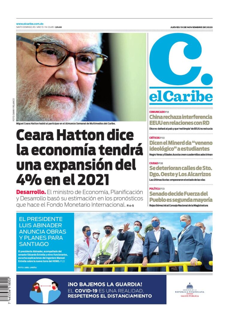 Portada Periódico El Caribe, Jueves 19 de Noviembre, 2020