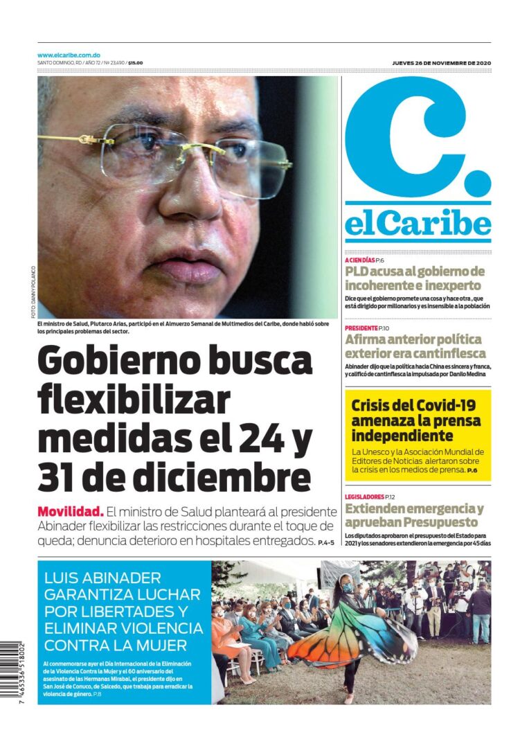 Portada Periódico El Caribe, Jueves 26 de Noviembre, 2020