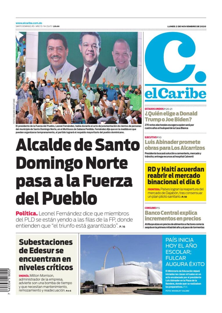 Portada Periódico El Caribe, Lunes 02 de Noviembre, 2020