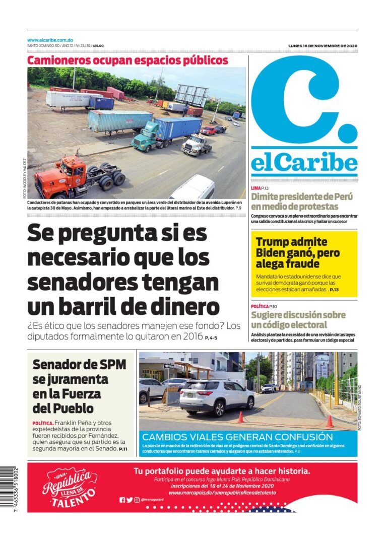 Portada Periódico El Caribe, Lunes 16 de Noviembre, 2020