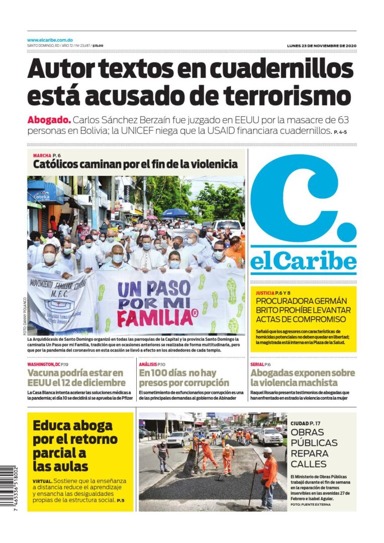 Portada Periódico El Caribe, Lunes 23 de Noviembre, 2020