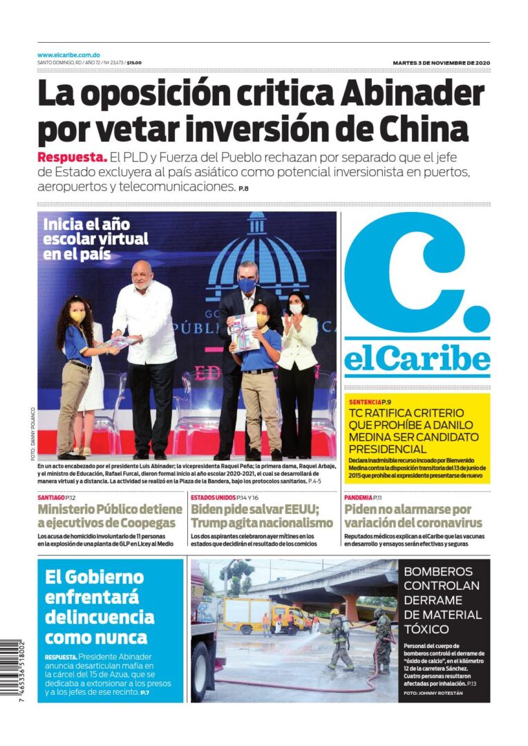 Portada Periódico El Caribe, Martes 03 de Noviembre, 2020