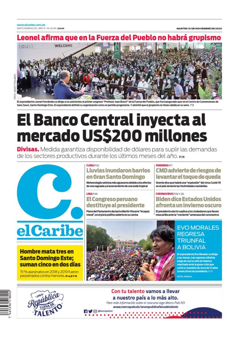 Portada Periódico El Caribe, Martes 10 de Noviembre, 2020