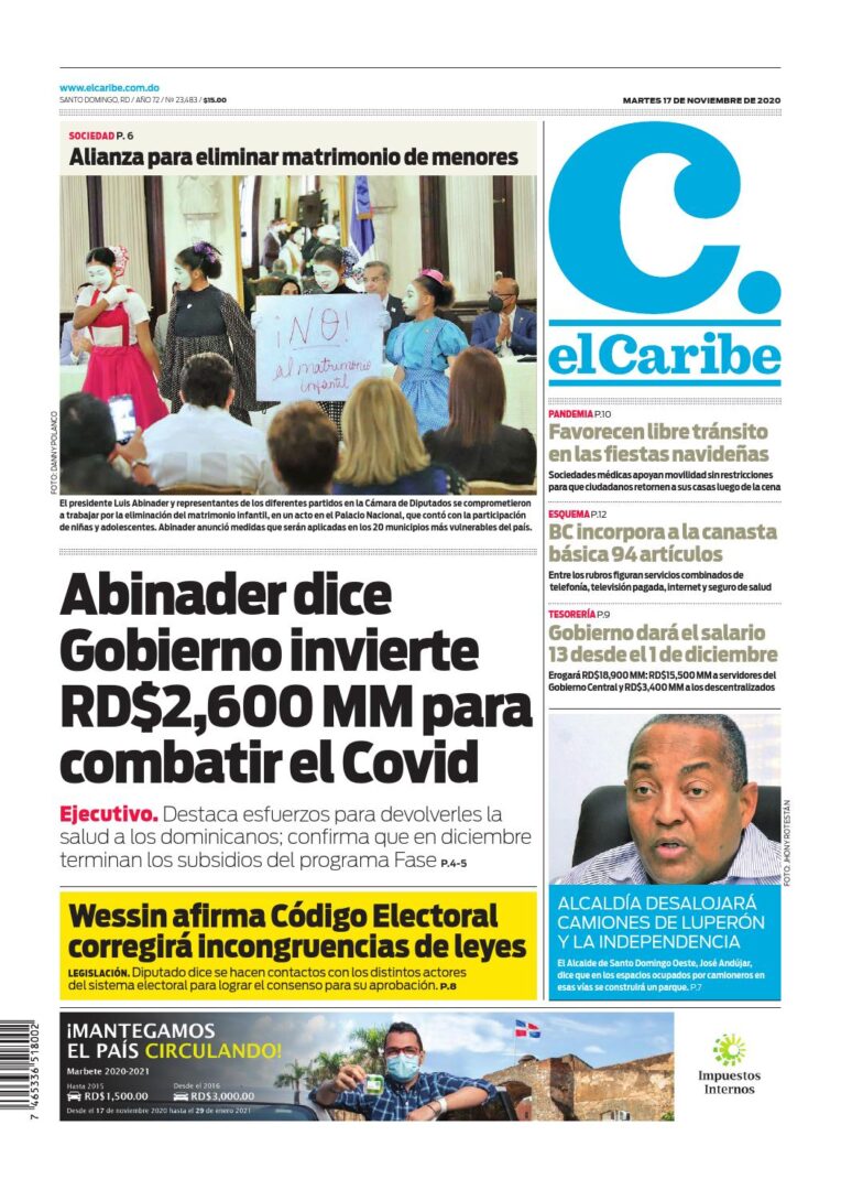 Portada Periódico El Caribe, Martes 17 de Noviembre, 2020
