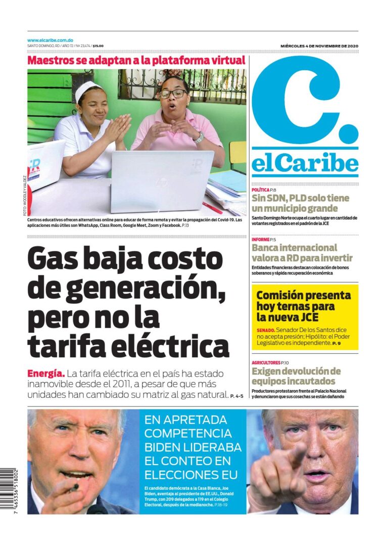 Portada Periódico El Caribe, Miércoles 04 de Noviembre, 2020