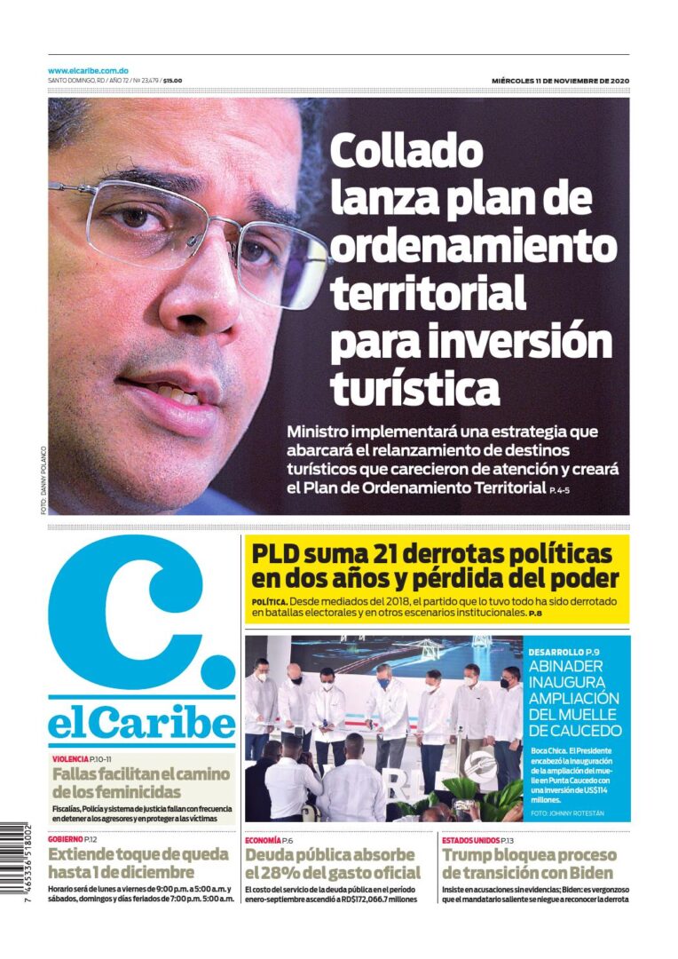 Portada Periódico El Caribe, Miércoles 11 de Noviembre, 2020