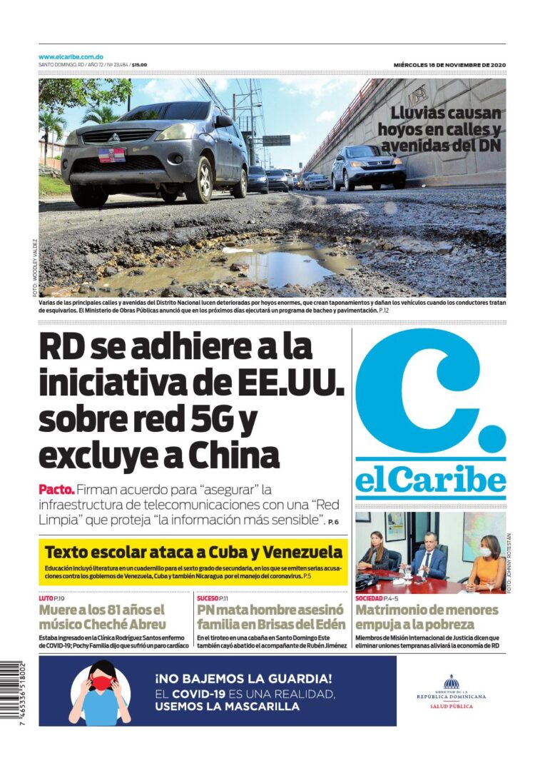 Portada Periódico El Caribe, Miércoles 18 de Noviembre, 2020