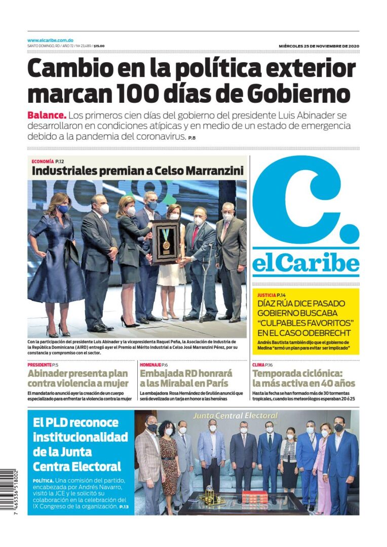 Portada Periódico El Caribe, Miércoles 25 de Noviembre, 2020