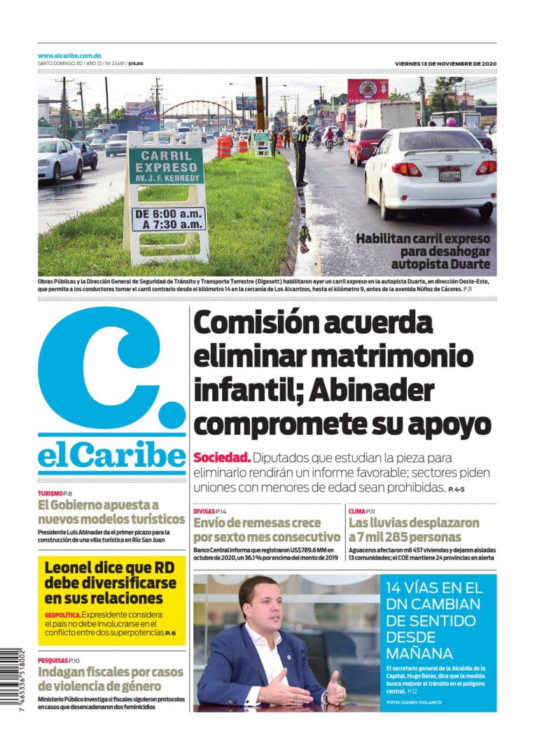 Portada Periódico El Caribe, Viernes 13 de Noviembre, 2020