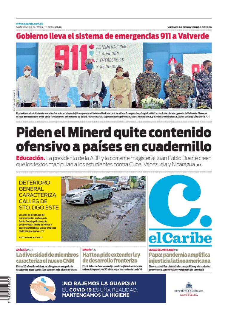 Portada Periódico El Caribe, Viernes 20 de Noviembre, 2020