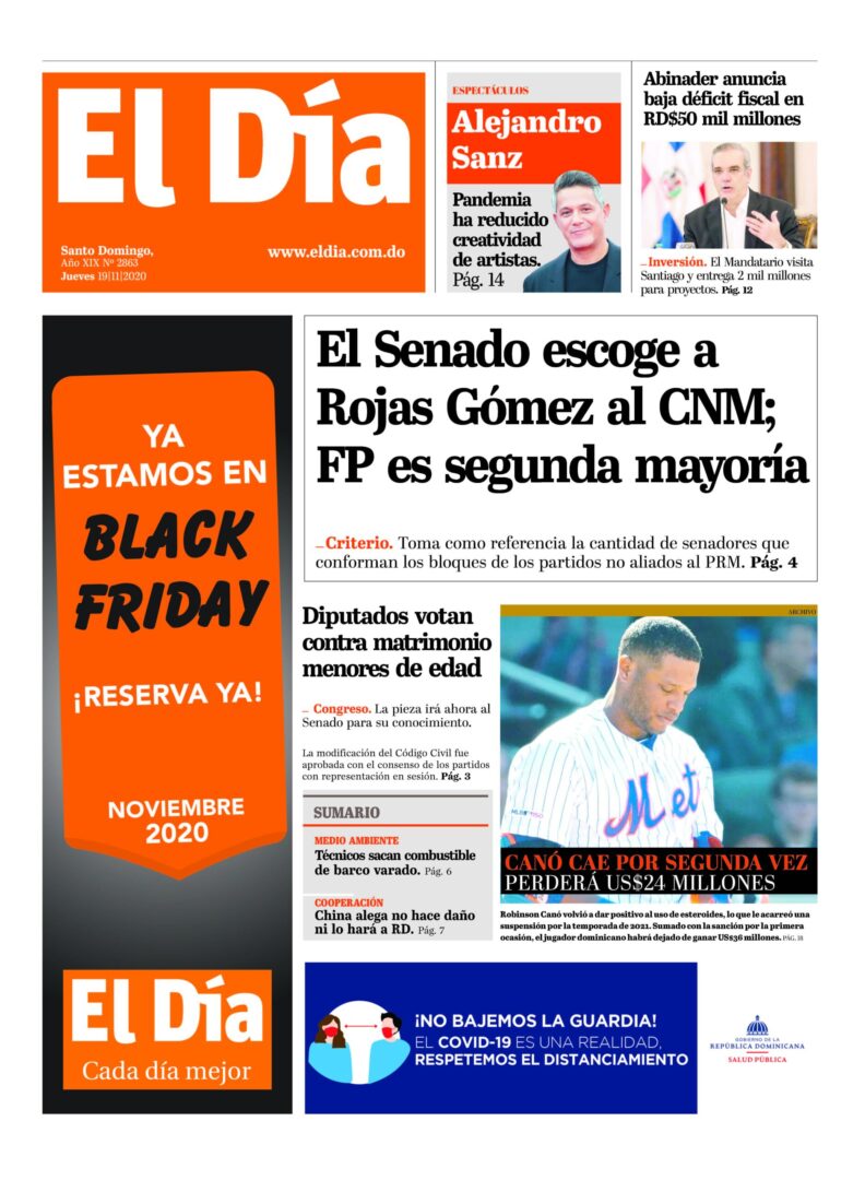 Portada Periódico El Día, Jueves 19 de Noviembre, 2020