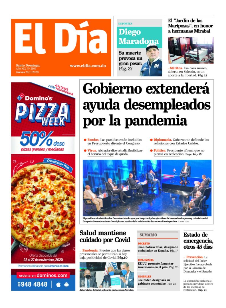 Portada Periódico El Día, Jueves 26 de Noviembre, 2020