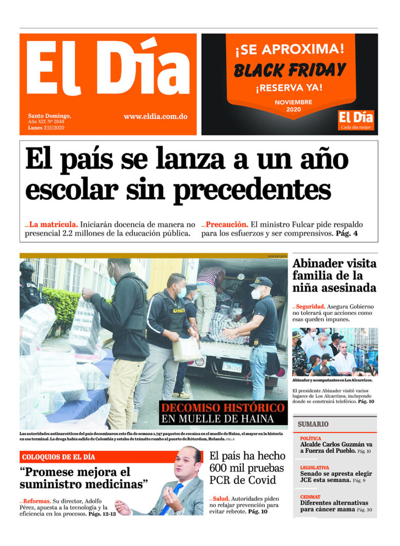 Portada Periódico El Día, Lunes 02 de Noviembre, 2020