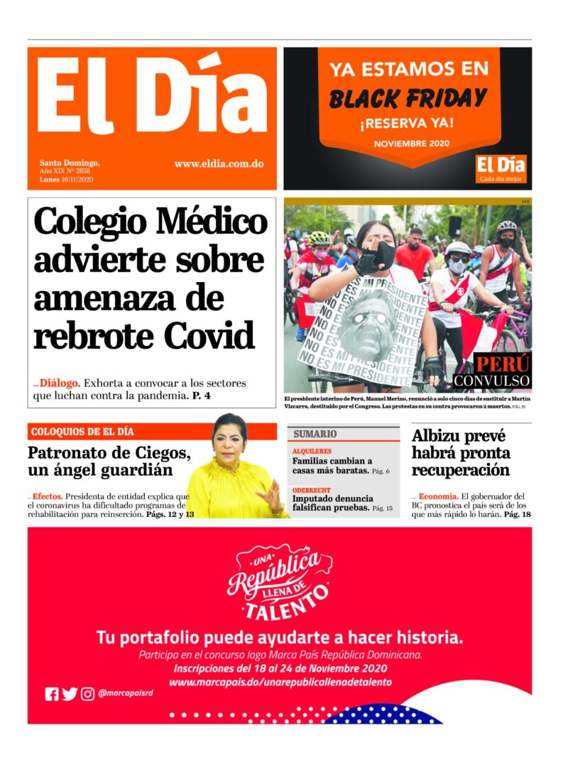 Portada Periódico El Día, Lunes 16 de Noviembre, 2020