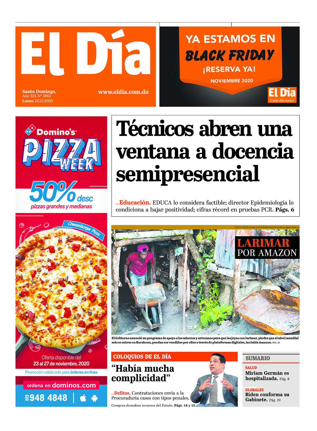 Portada Periódico El Día, Lunes 23 de Noviembre, 2020