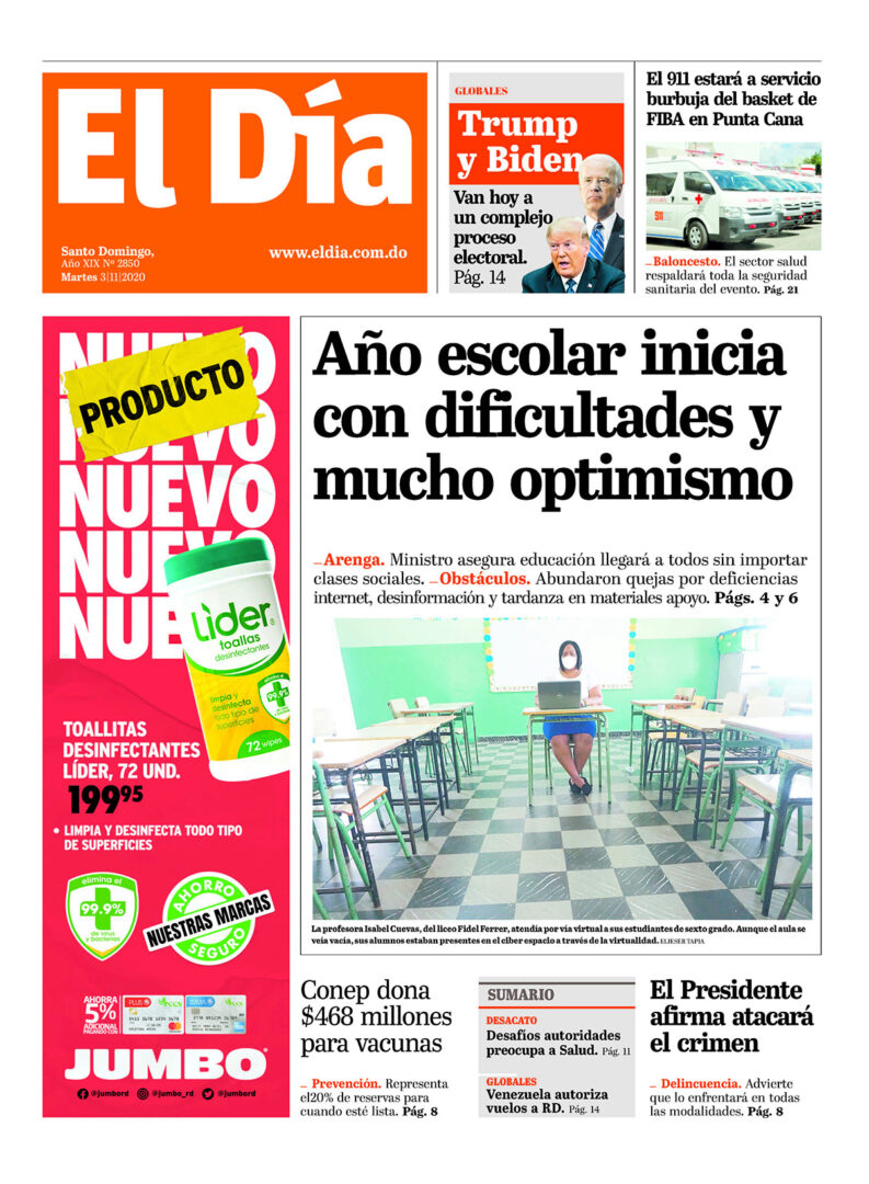 Portada Periódico El Día, Martes 03 de Noviembre, 2020
