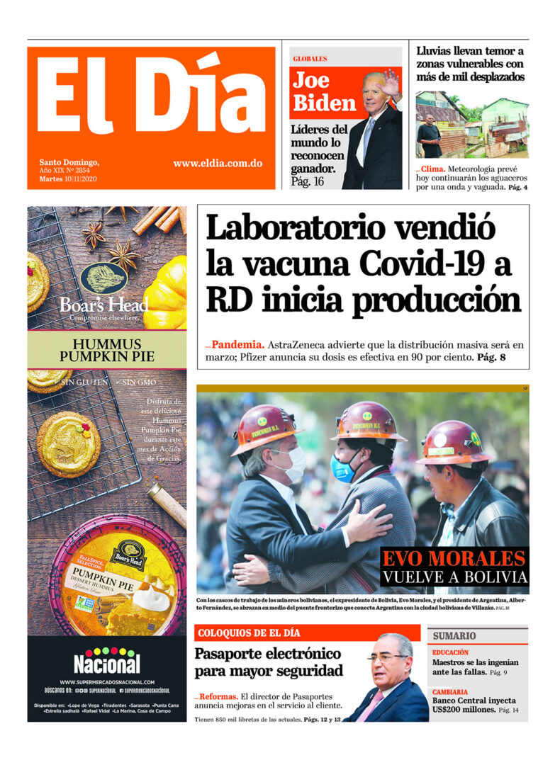 Portada Periódico El Día, Martes 10 de Noviembre, 2020