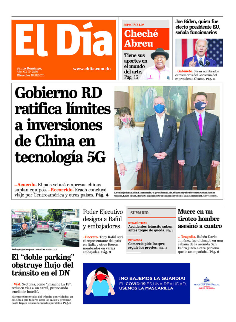 Portada Periódico El Día, Miércoles 18 de Noviembre, 2020