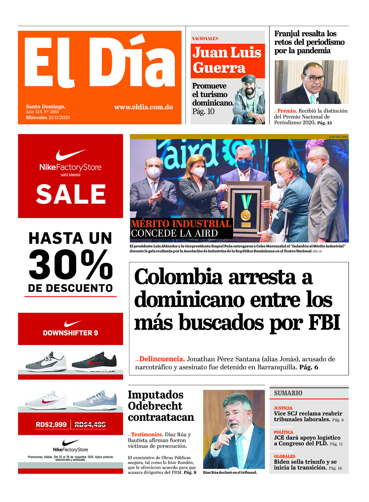 Portada Periódico El Día, Miércoles 25 de Noviembre, 2020