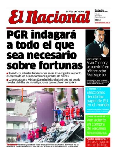 Portada Periódico El Nacional, Domingo 01 de Noviembre, 2020