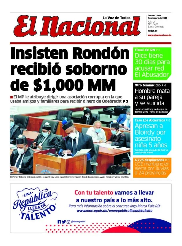 Portada Periódico El Nacional, Jueves 12 de Noviembre, 2020