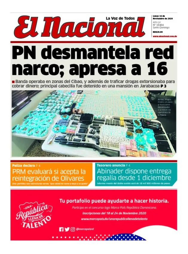 Portada Periódico El Nacional, Lunes 16 de Noviembre, 2020