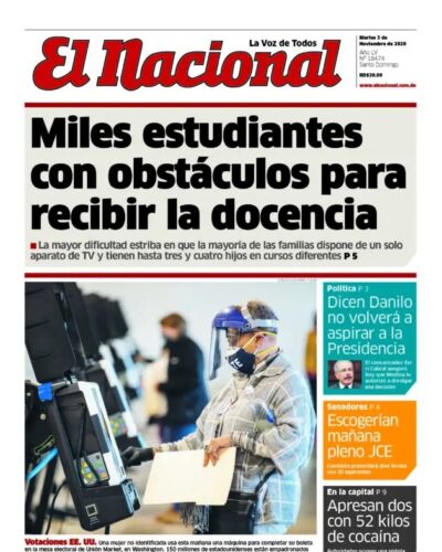Portada Periódico El Nacional, Martes 03 de Noviembre, 2020