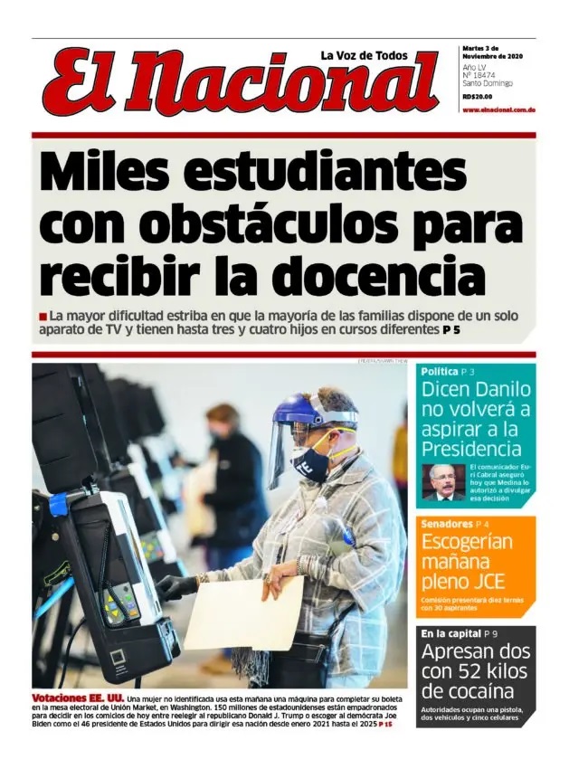 Portada Periódico El Nacional, Martes 03 de Noviembre, 2020