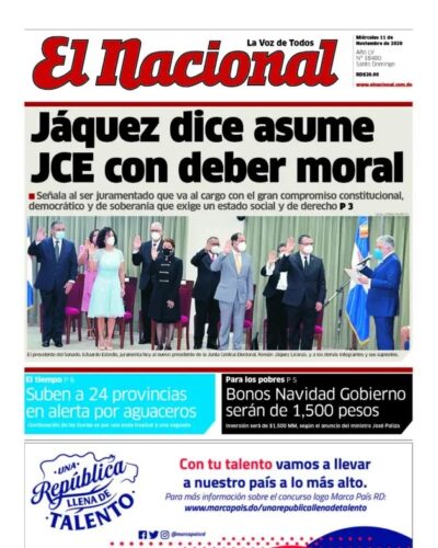 Portada Periódico El Nacional, Miércoles 11 de Noviembre, 2020