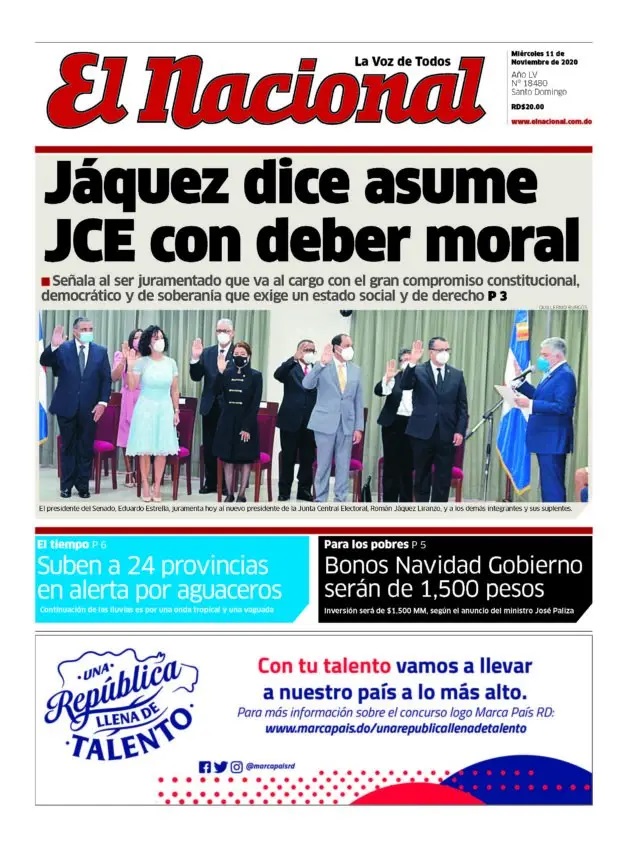 Portada Periódico El Nacional, Miércoles 11 de Noviembre, 2020