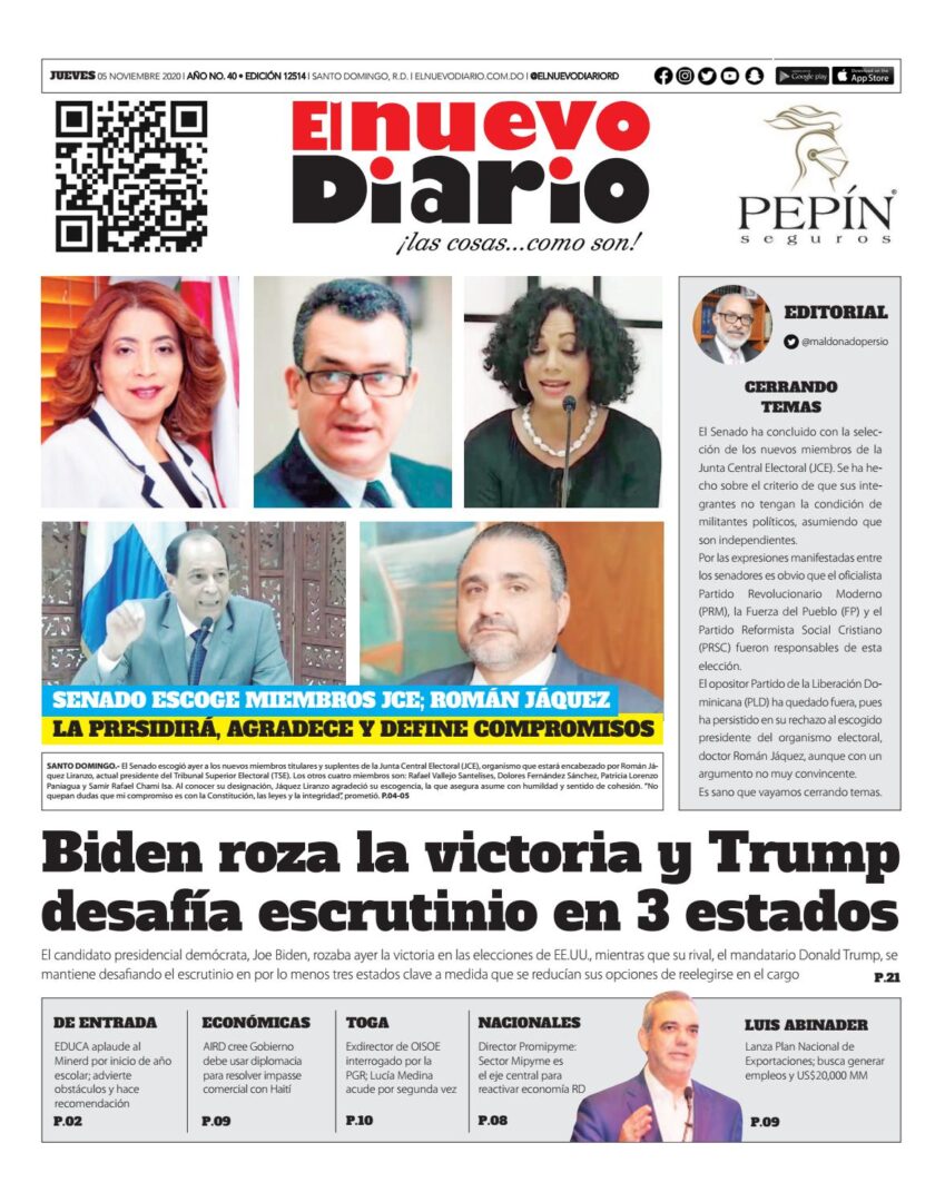 Portada Periódico El Nuevo Diario, Jueves 05 de Noviembre, 2020