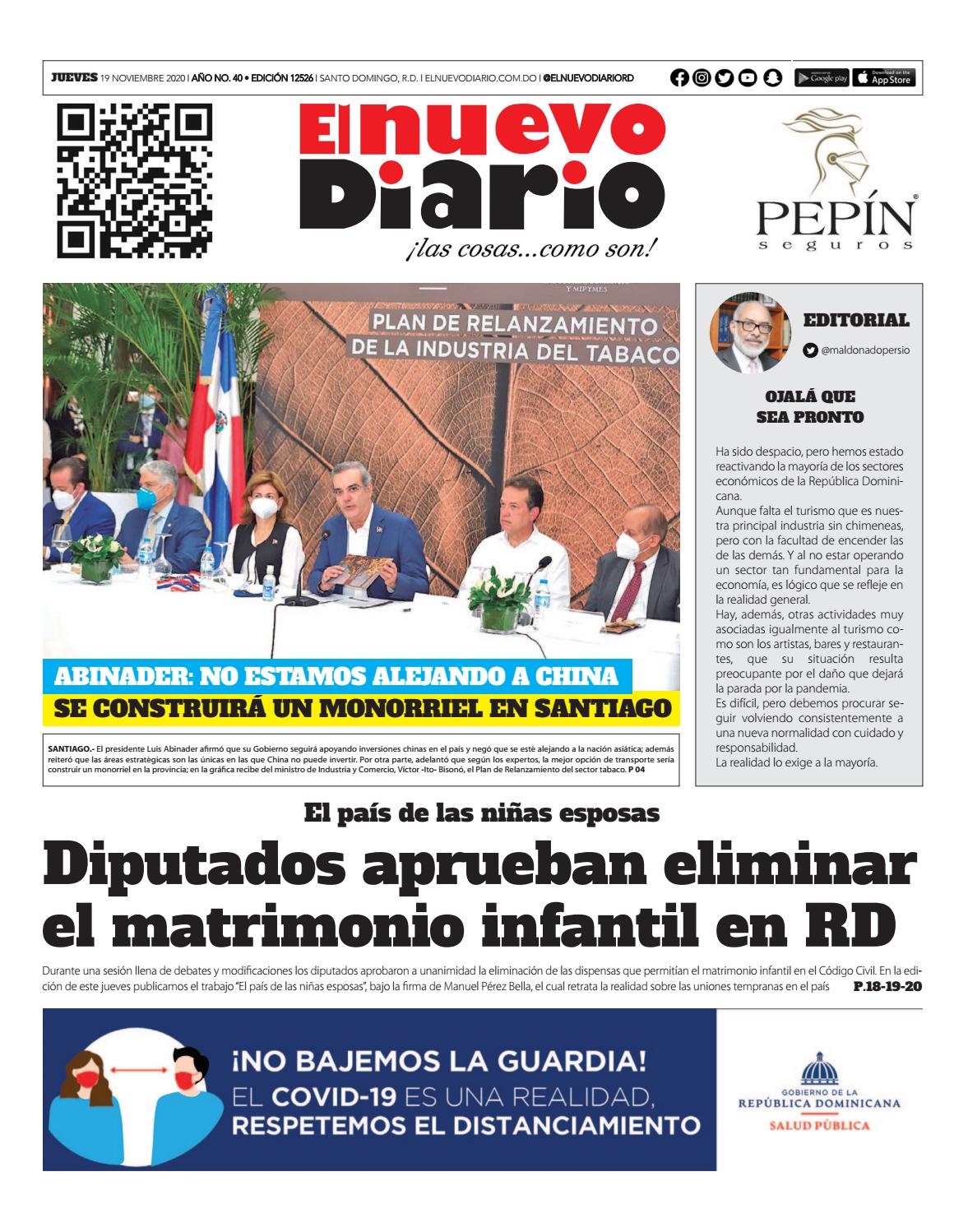 Portada Periódico El Nuevo Diario, Jueves 19 de Noviembre, 2020