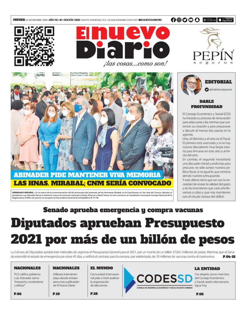 Portada Periódico El Nuevo Diario, Jueves 26 de Noviembre, 2020