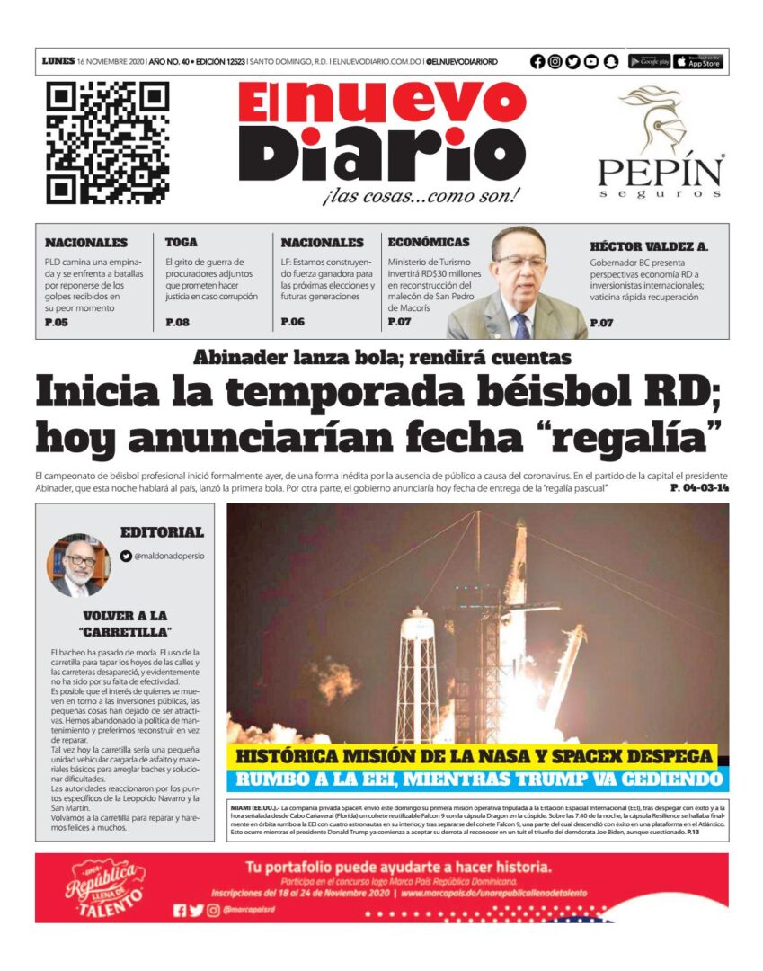 Portada Periódico El Nuevo Diario, Lunes 16 de Noviembre, 2020
