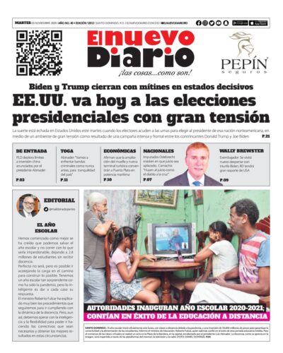 Portada Periódico El Nuevo Diario, Martes 03 de Noviembre, 2020