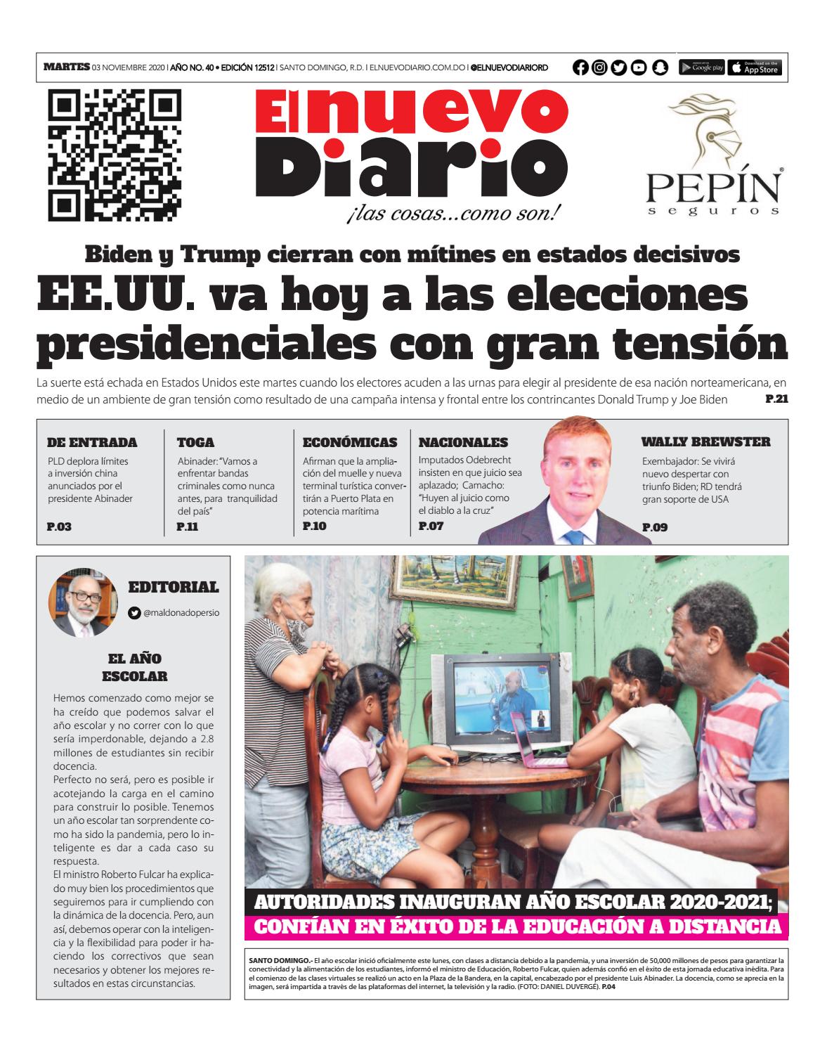 Portada Periódico El Nuevo Diario, Martes 03 de Noviembre, 2020