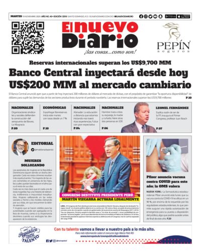 Portada Periódico El Nuevo Diario, Martes 10 de Noviembre, 2020