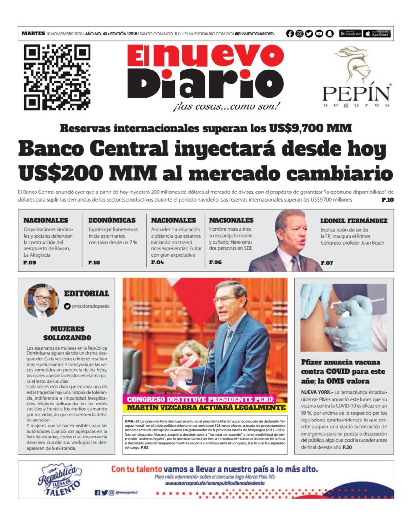 Portada Periódico El Nuevo Diario, Martes 10 de Noviembre, 2020