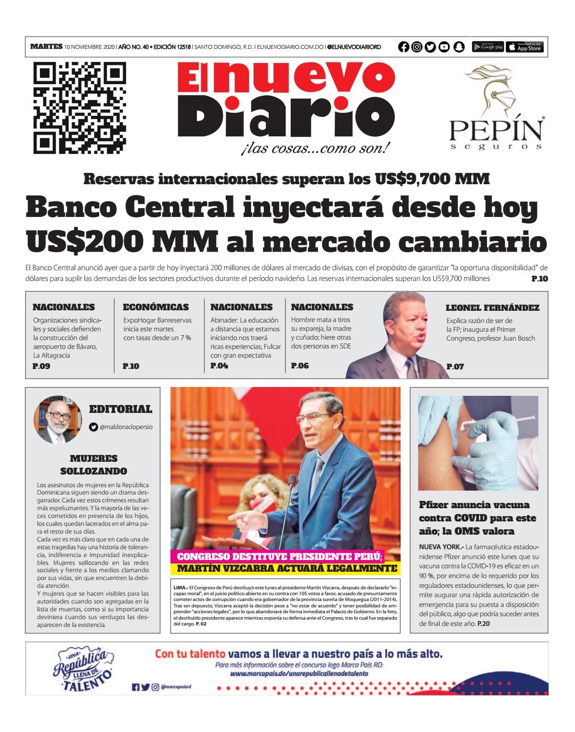 Portada Periódico El Nuevo Diario, Martes 10 de Noviembre, 2020