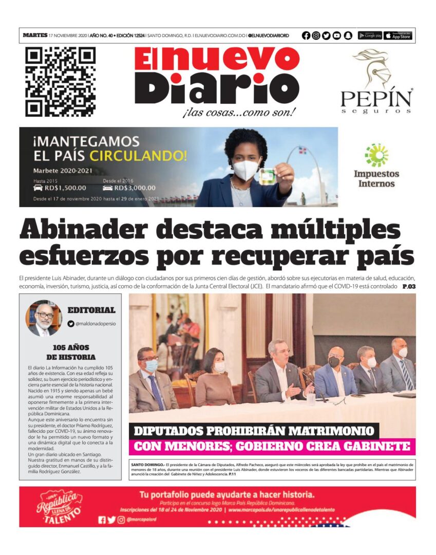Portada Periódico El Nuevo Diario, Martes 17 de Noviembre, 2020